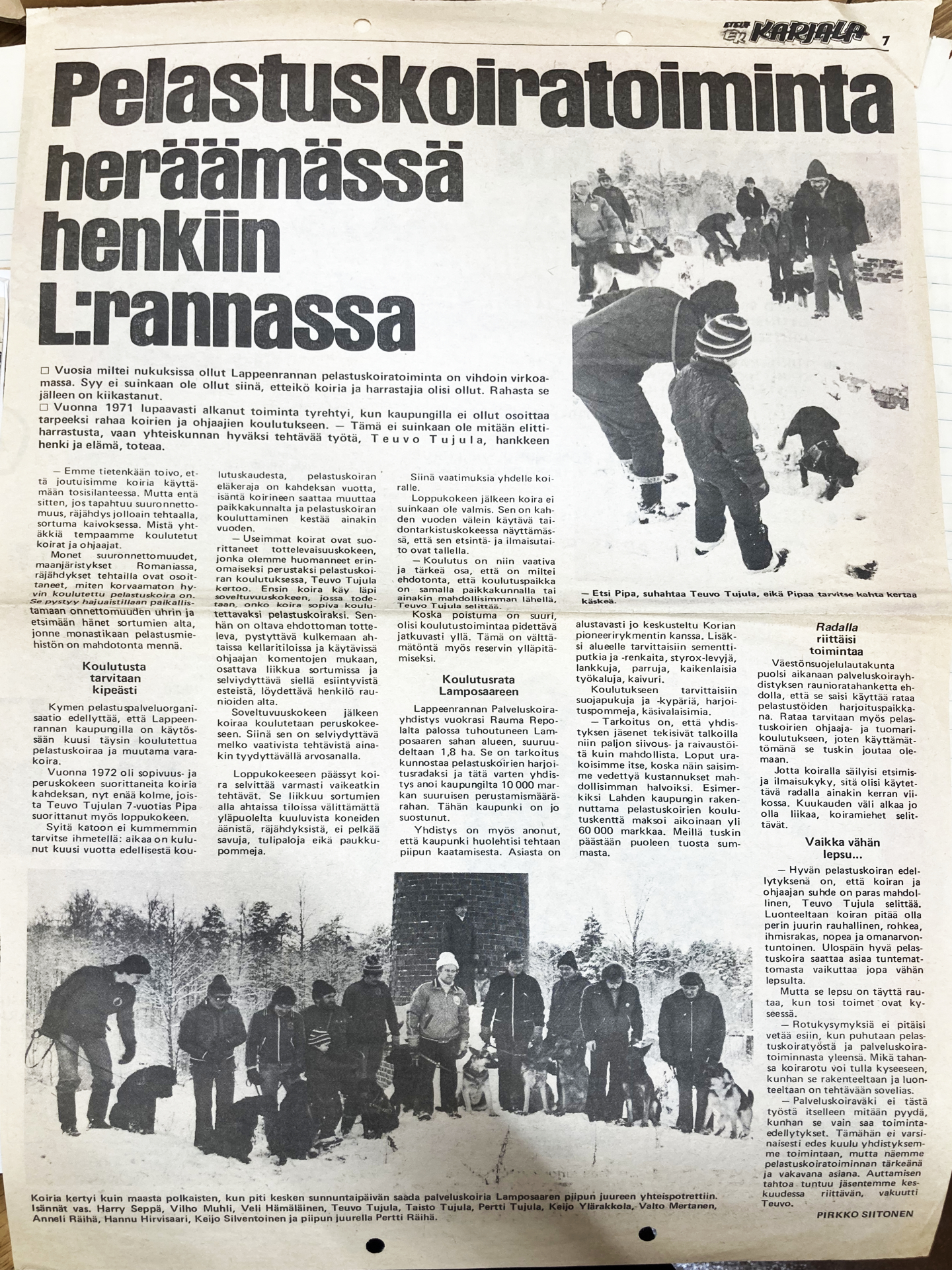 Lehtijuttu pelastuskoiratoiminnasta 70-luvulta, haastateltavana Teuvo Tujula.